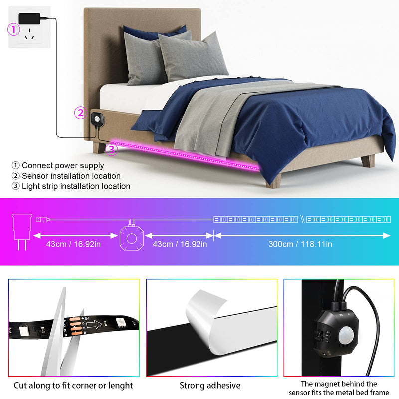 Under Bed Lights 2 Set*9.84ft Motion Activated RGB LED Strip Light, App Control/Variety Color/Dimmable/Dynamic Music Sync/5V USB, Motion Sensor LED Strip Light for Bed Cabinet Staircase Bedroom 2 Sets