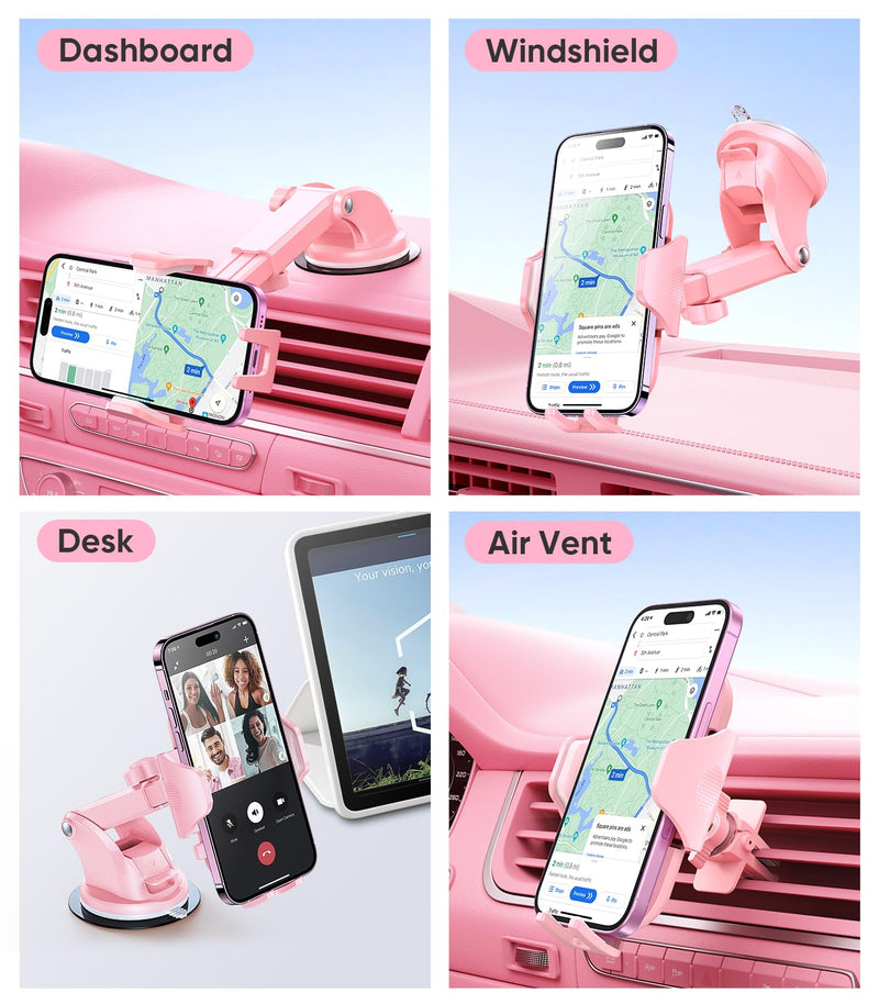 VICSEED Stable Car Phone Holder [Upgraded Strongest Suction, Won't Break] | Military-Grade Cell Phone Mount for Dash/Windshield/Vent/Truck/Boat, Universal for Big iPhone Android with Thick Cases, Pink Hot Pink