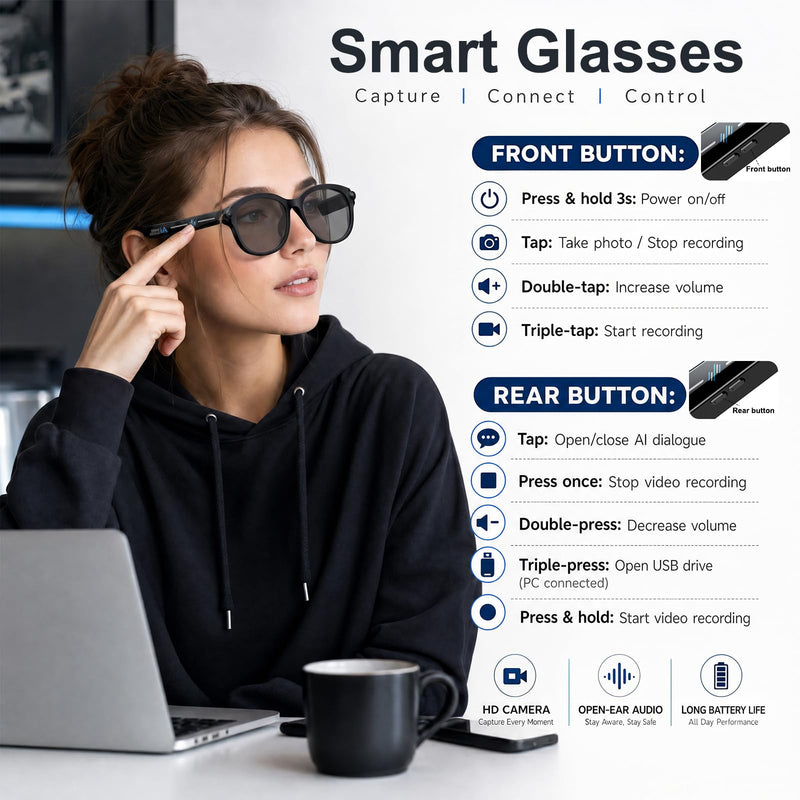 Smart Glasses 8MP Camera Real Time Translation AI Voice Object Recognition