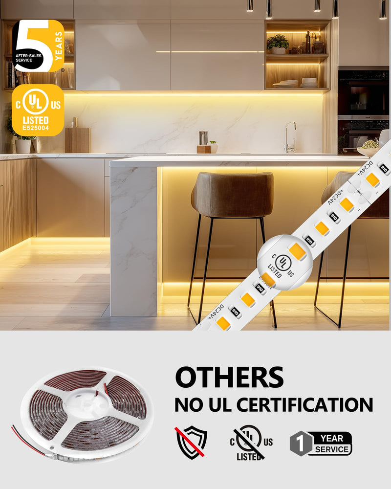 [AUSTRALIA] - EMITEVER LED Strip Lights Warm White 3000K, UL 24V LED Tape Light, 16.4ft, Ra 95+, IP30, 2.9W/ft, 240+Lumens/ft, 600LEDS/Spool, UL Listed 5 Year Warranty (Power Supply Sold Separately) 