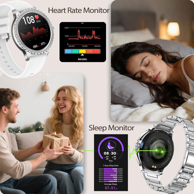 Smart Watch for Women with Diamonds, Bluetooth Calls, 1.32'' Full HD Screen Fitness Tracker with Multiple Sports Modes/Heart Rate/Sleep Monitor, IP68 Waterproof for Android iOS, Elegant Silver