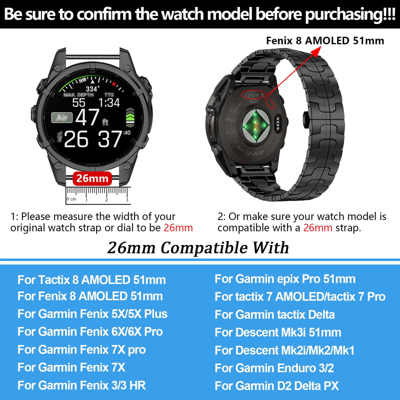 26mm Quickfit Watch Bands Compatible with Garmin Enduro 3 2/Fenix 8 51mm/Fenix 7X pro/7X/6X Pro/6X/5X Plus/5X/3 HR/Tactix 8 AMOLED-51mm/Descent Mk3i-51mm/Mk2i/Mk2/tactix 7 Pro