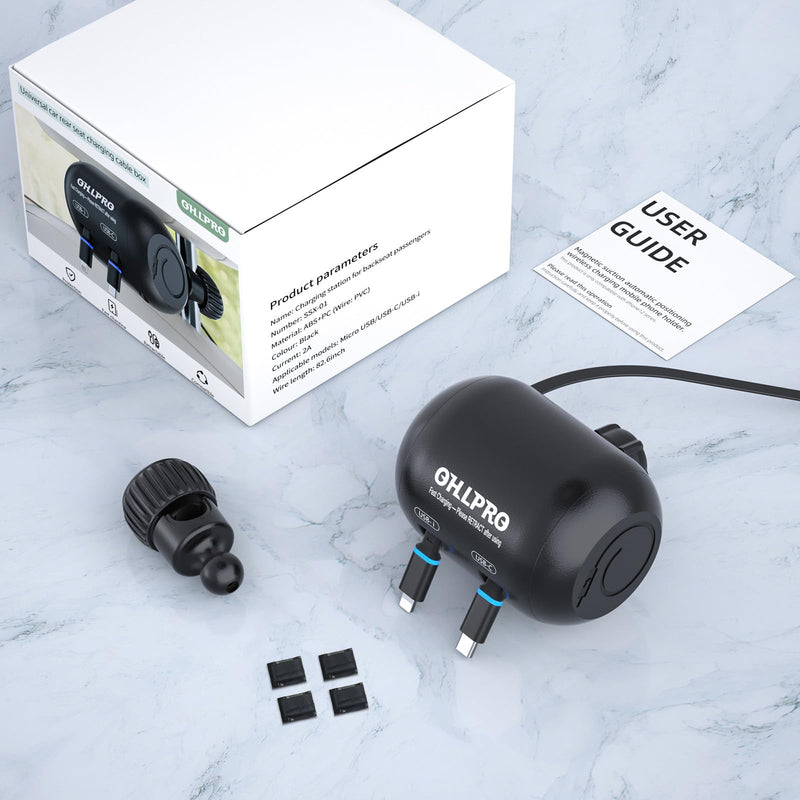 OHLPRO 2 in 1 Backseat Car Charging Station Box, 45W Fast Charge Multi Retractable Car Charger for Uber Chargers for Passengers, for iPhone/Samsung and Tablets - Headrest Bars Car