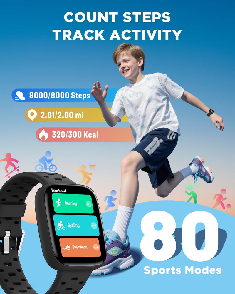 BIGGERFIVE Kids Watch No Phone Needed, 1.8" Amoled Smart Fitness Watch | Pedometer, Heart Rate, Sleep Tracker, 30m Waterproof, Step Counter, Games, 100+ Dials, Gifts for Boys Girls 5-16, Black