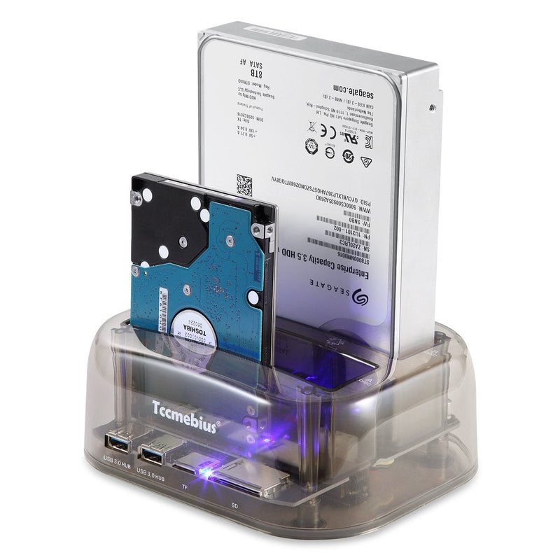 TCC-S865 USB 3.0 to SATA IDE Dual Slots External Transparent Hard Drive Docking Station with Card Reader and 2 Ports USB 3.0 Hub for 2.5 3.5 Inch IDE SATA I/II/III HDD SSD