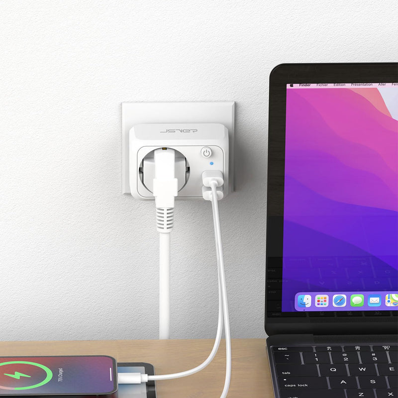 JSVER USB Socket 4000 W with 2 USB Ports, Socket Adapter USB Adapter Socket Schuko Plug with USB Charger, Charging Plug USB with Switch for Phone and Household Appliances, White