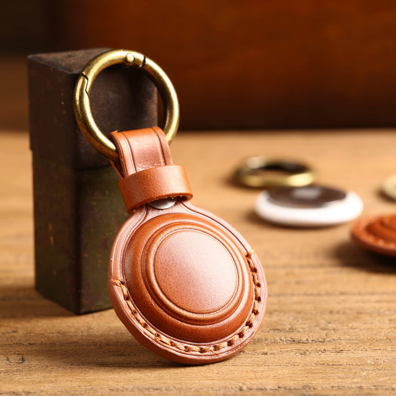 [AUSTRALIA] - Genuine Leather Airtag Holder Suitable for Apple Airtag Keychain Leather, Small Air Tag Holder with Key Rings, Protective Airtag Case Cover Accessories - Brown V1.0 