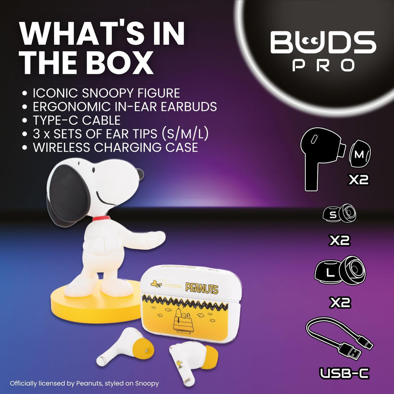 Buds Pro Peanuts Snoopy Wireless Bluetooth EarBuds & Phone Holder - In Ear Headphones with Microphone, 28+ Hours Playtime, Active Noise Cancelling Wireless Earbuds with IPX4 Rating & Charging Case