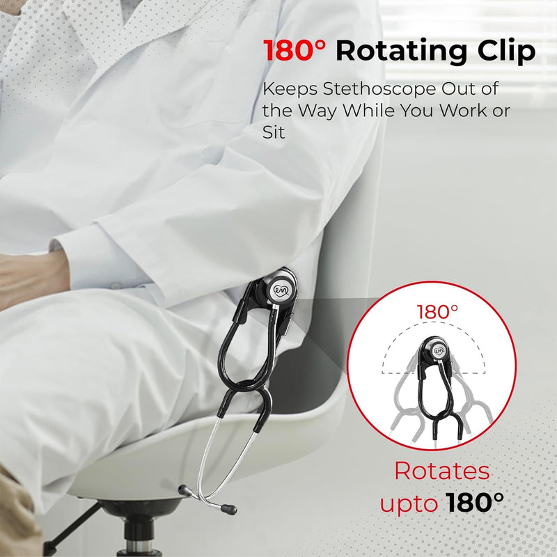 Stethoscope Holder Kit – Hip Clip with Rotating Clip for Neck Pain Relief + 3 BONUSES: Stethoscope AirTag Holder, Stethoscope Replacement Covers/Ear Pieces (Classic III & IV), and Bag Hanger Black