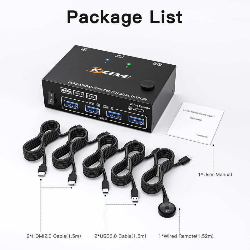 HDMI KVM Switch 2 Monitors 2 Computers 4K@60Hz, Simulation EDID, Dual Monitor KVM Switch 2 Port for 2 Computers Share 2 Monitors and 4 USB3.0 Devices, 2 HDMI USB Cables and Wired Controller Included black HDMI+HDMI 2 Computers