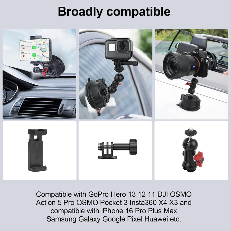 Suction Cup Car Mount with Phone Holder,360°Adjustable for Action Cameras & Smartphones,Windshield,Dashboard,Boat Mount for GoPro Hero 13/12/11/10,DJI OSMO Action,Insta360 X4/X3,and More