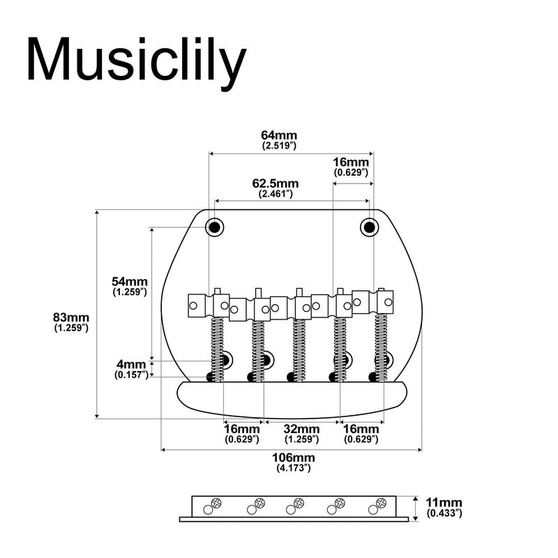 Musiclily Pro 16mm Steel 5-String Bass Bridge for Musicman Style Bass, Gold