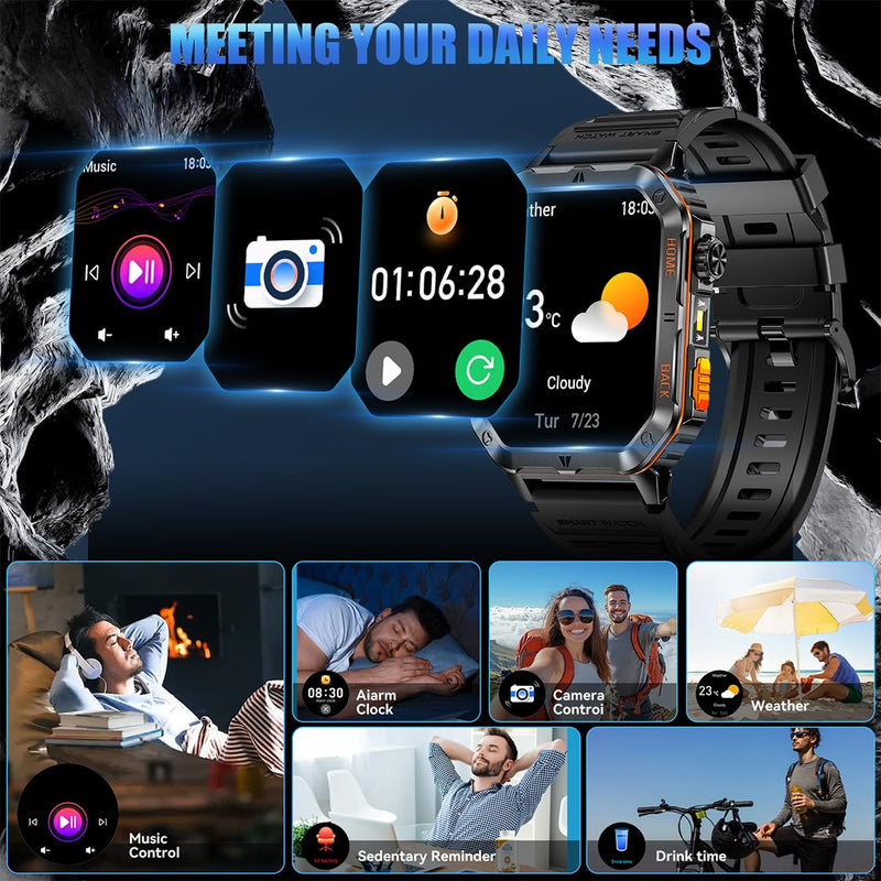 Military Smart Watch for Men, 2.01" Screen Watch with 1200mAh Battery | Bluetooth Calling, Built-in Flashlight, 5ATM Waterproof, and 110+ Sports Modes Compatible with Android and iPhone Black-WL-H01