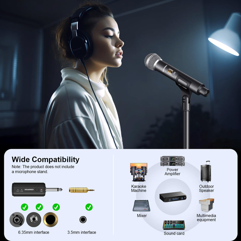 Aokeo Wireless Microphone Only for Mic Input, UHF Metal Dynamic Handheld Multipurpose Mic with Rechargeable Receiver (Work 4hs), 160ft Range, for Karaoke Machine, Amplifier Speaker, Mixer, Church PG58-2