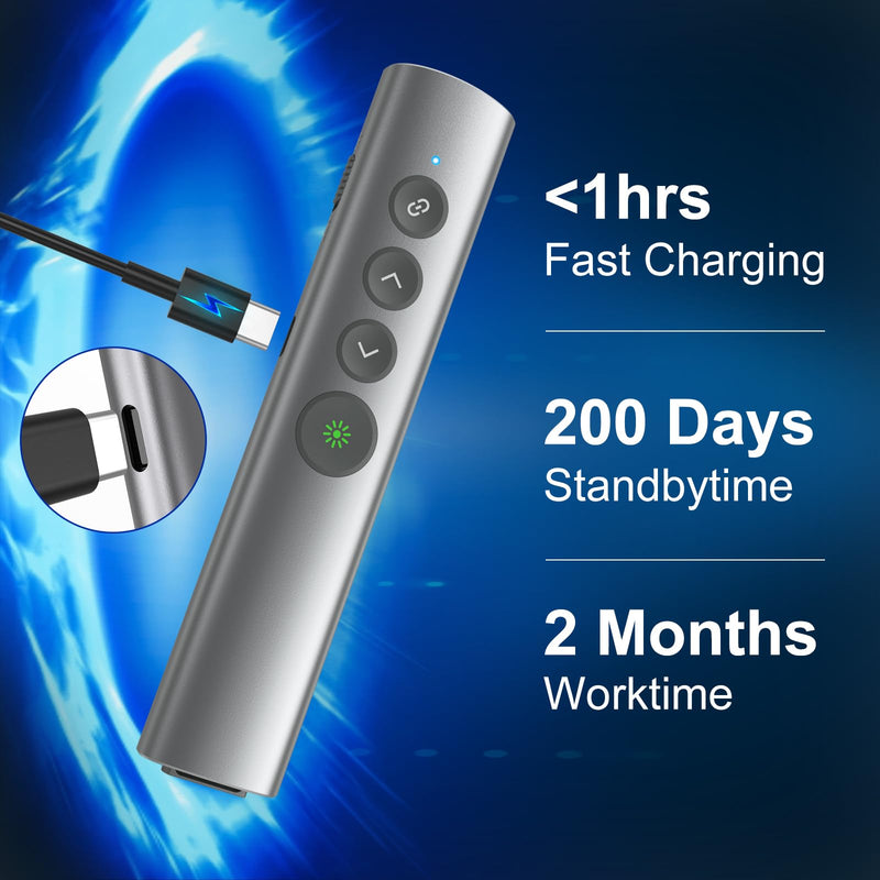 Aluminum Alloy Presentation Clicker with Green Laser Pointer | 2‑in‑1 USB/Type C Receiver Wireless Presenter Remote PowerPoint Clicker for Computer Laptop/PPT/Google Slides/Windows/Mac Metal 02 Green Laser