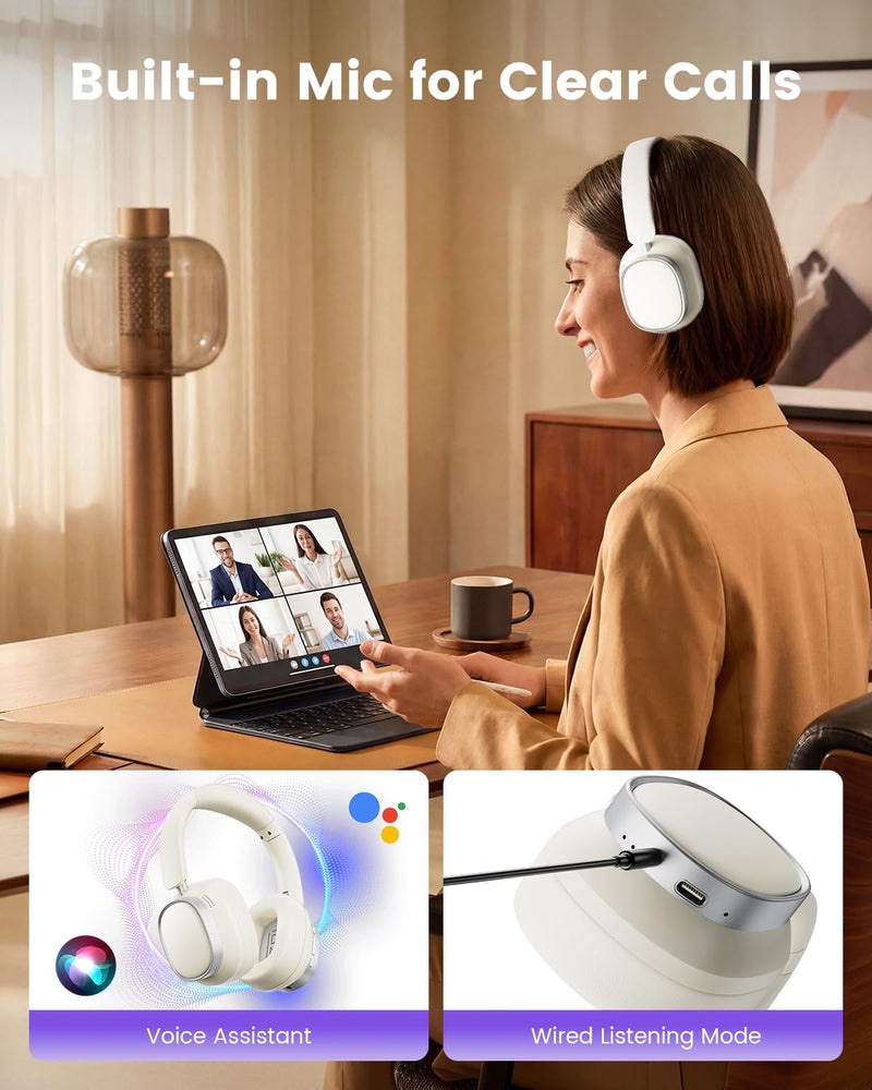 Active Noise Cancelling Headphones,78H Wireless Bluetooth Headphones | Over-Ear Headset,Bluetooth 6.0,Hi-Res,Low Latency,Foldable,Built-in Microphone,Ideal for Travel,Home,Office,Cellphone,PC Wheat White