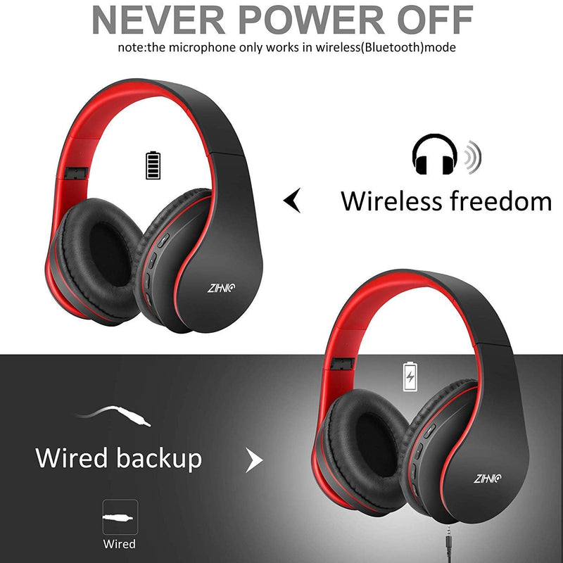ZIHNIC 2 Items,1 Black Over-Ear Wireless Headset Bundle with 1 Black Red Foldable Wireless Headset