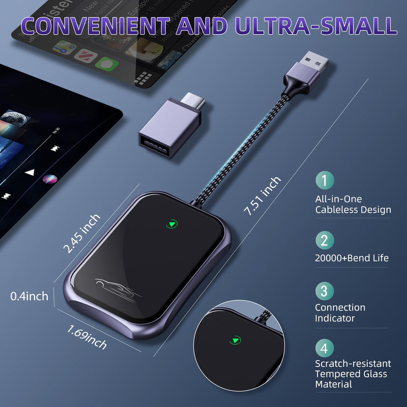 Wireless Carplay Adapter, 2024 Upgrade Converts Wired to Wireless Adapter for iPhone, Plug and Play Dongle for Apple Car Play, Bluetooth Wireless Control Adapter for Cars from 2016 and iOS 10+, Black
