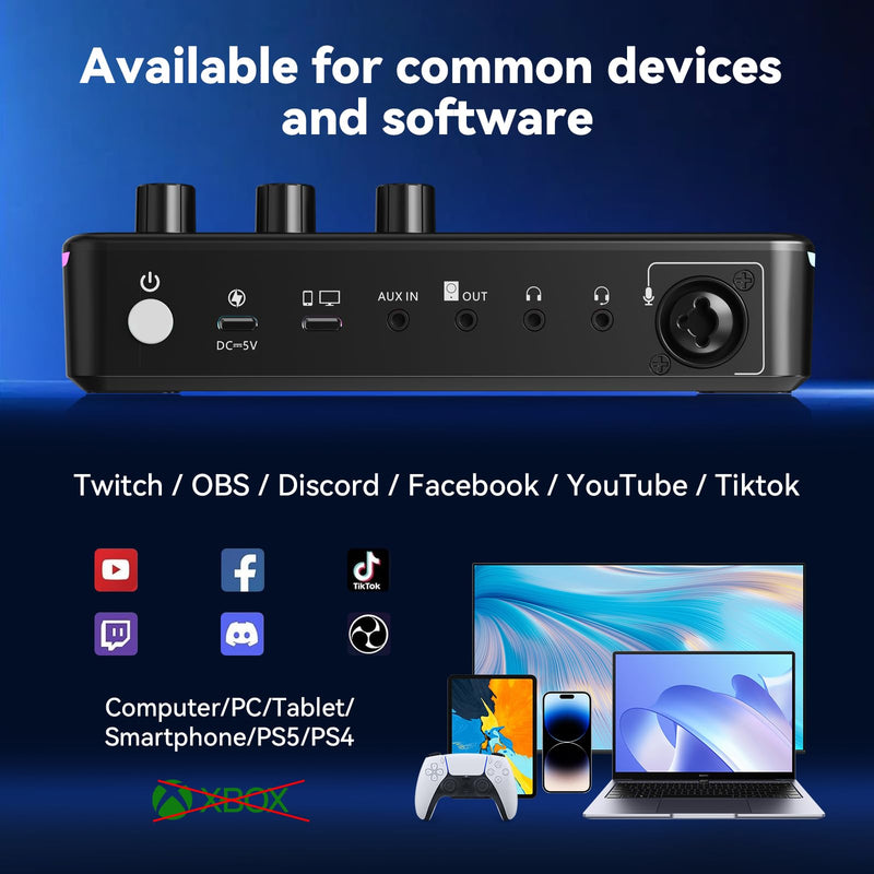 [AUSTRALIA] - SINWE G1 Gaming Audio Mixer, RGB Audio Interface with Pro-preamp,Bluetooth, Streaming PC Mixer with XLR/48V Phantom Power for Live Streaming, Podcasting, Content Create, Gaming(Black) Black 