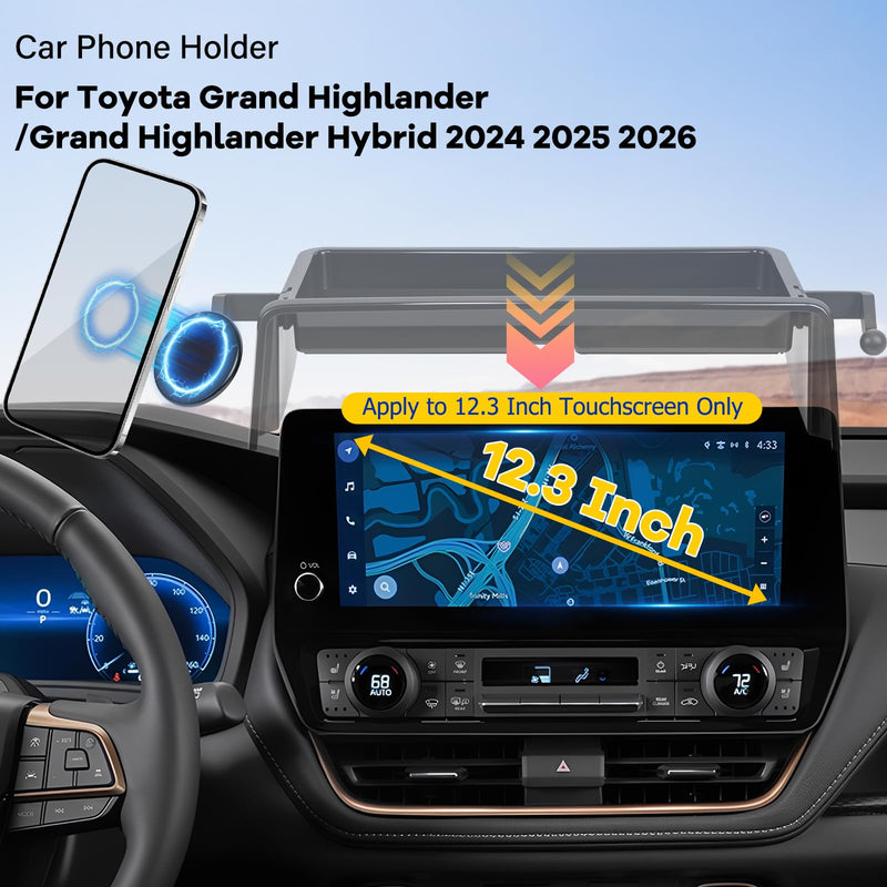 Car Phone Holder Fit for Grand Highlander/Grand Highlander Hybrid 2024-2025 Accessories Dash Organizer with MagSafe Cell Phone Mount 12.3-inch, Cell Phone Automobile Cradles Hands-Free 360° Rotation 24-25 Grand Highlander/ Grand Highlander Hybrid