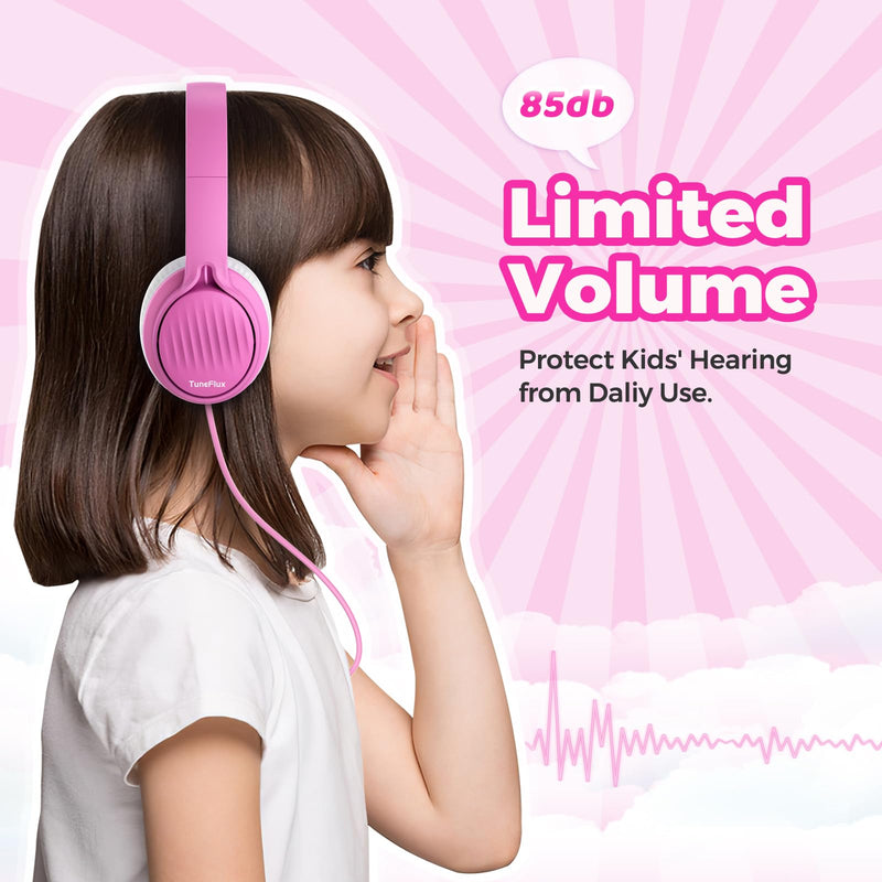 [AUSTRALIA] - TuneFlux Upgraded Kids Headphones, Wired Toddler Headphones, 85dB Limited Volume On Ear Headphones, Portable Foldable Design, Stereo Sound Kids Headphones for School/Tablet/Travel-Pink Pink 