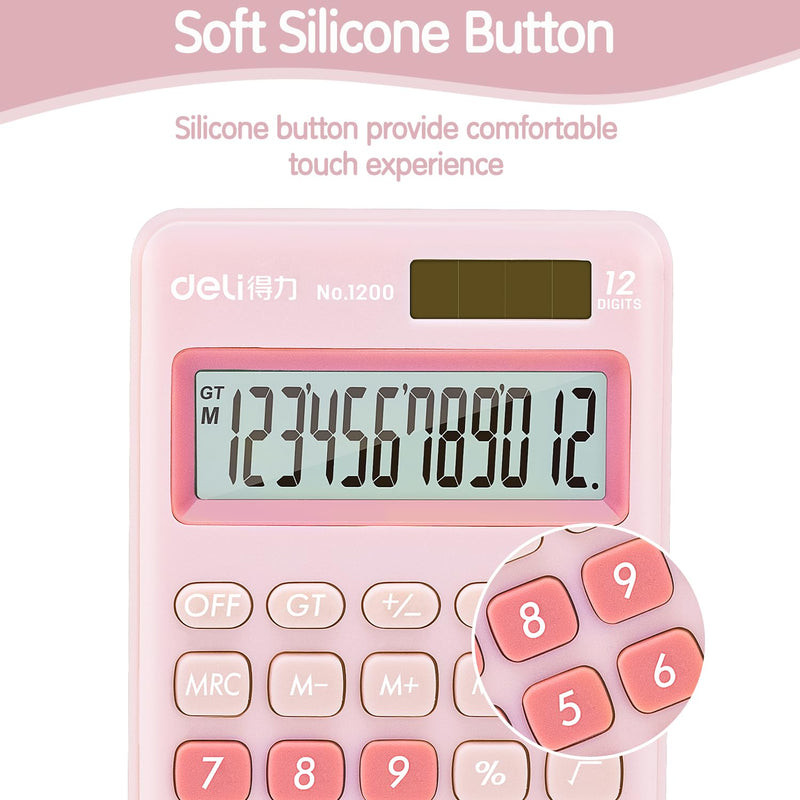 deli Standard Function Basic Calculator, 12 Digit Desktop Calculator with Large LCD Display, Solar Battery Dual Power Office Calculator, Pink Small Pink