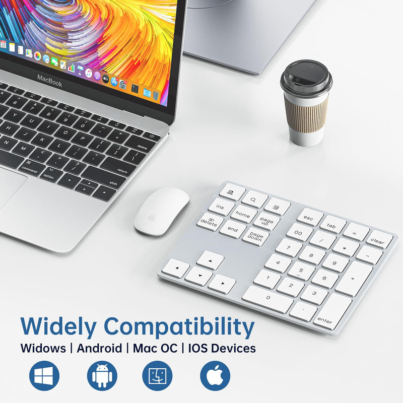 Bluetooth Number Pad, Rechargeable Wireless Numeric Keypad Slim 34-Keys Aluminum Number Keypad External Data Entry Compatible for Laptop Silver Regular 326 Bluetooth