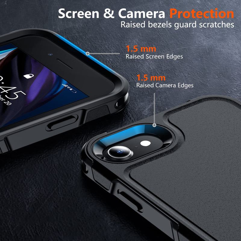 xiwxi for iPhone SE Case 2022/3rd/2020,iPhone 8/7 Case,with [2xTempered Glass Screen Protector] [360 Full Body Shockproof] [Heavy Dropproof],Hard PC+Soft Silicone TPU+Glass Screen Phone Case-Black Black