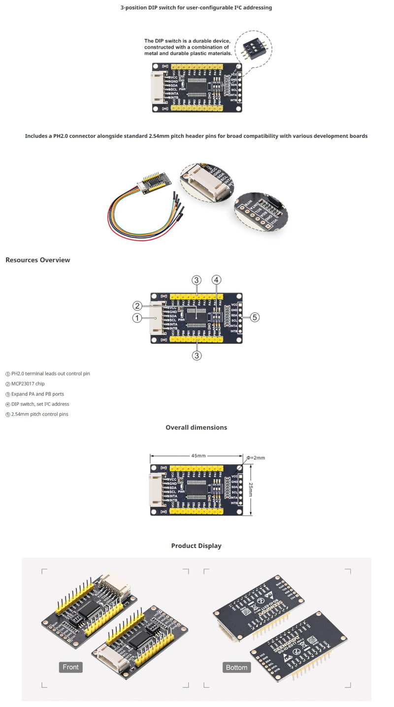 SEENGREAT MCP23017 IO Expander Module I2C Interface Expands 16 I/O Pins for Ardui/Stm32/Raspberry Pi Zero W Zero WH 2B 3B 3B+ 4B, 3.3V and 5V Levels, 3-Digit DIP Switch