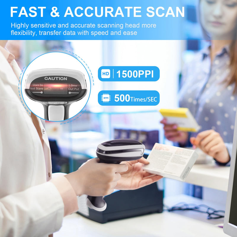 1D 2D Barcode Scanner, Handheld Barcode Reader Bluetooth Wireless QR Code Scanner Bar Code Scanners with Stand 3-1 Bluetooth & 2.4G Wireless & USB Wired Connection &PDF417 Data Matrix Automatic