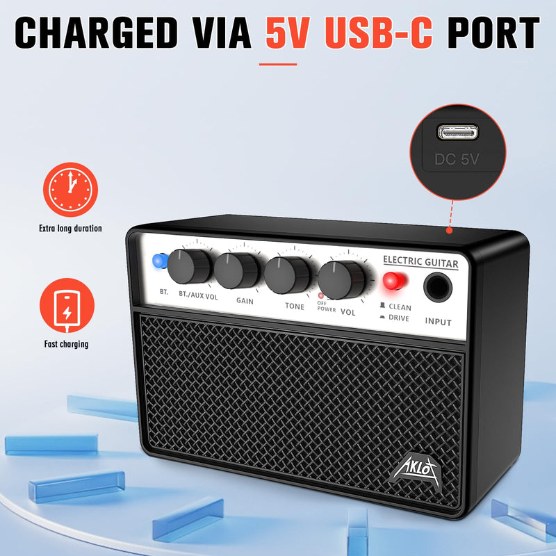[AUSTRALIA] - AKLOT Mini Bass Amp Small Bass Guitar Amplifier 10W Portable Recharged Electric Bass Amp BT Speaker with Dual Channel & Aux in Jack Black 