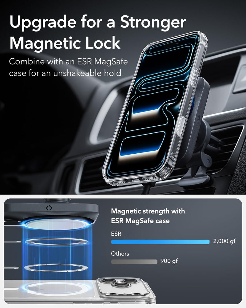 ESR for 15W MagSafe Car Mount Charger w/CryoBoost, Made for Apple-Certified | Magnetic Wireless Car Phone Charging for iPhone 17/16/15/14/13/12, S26/S25, Fast Charging, Cooling