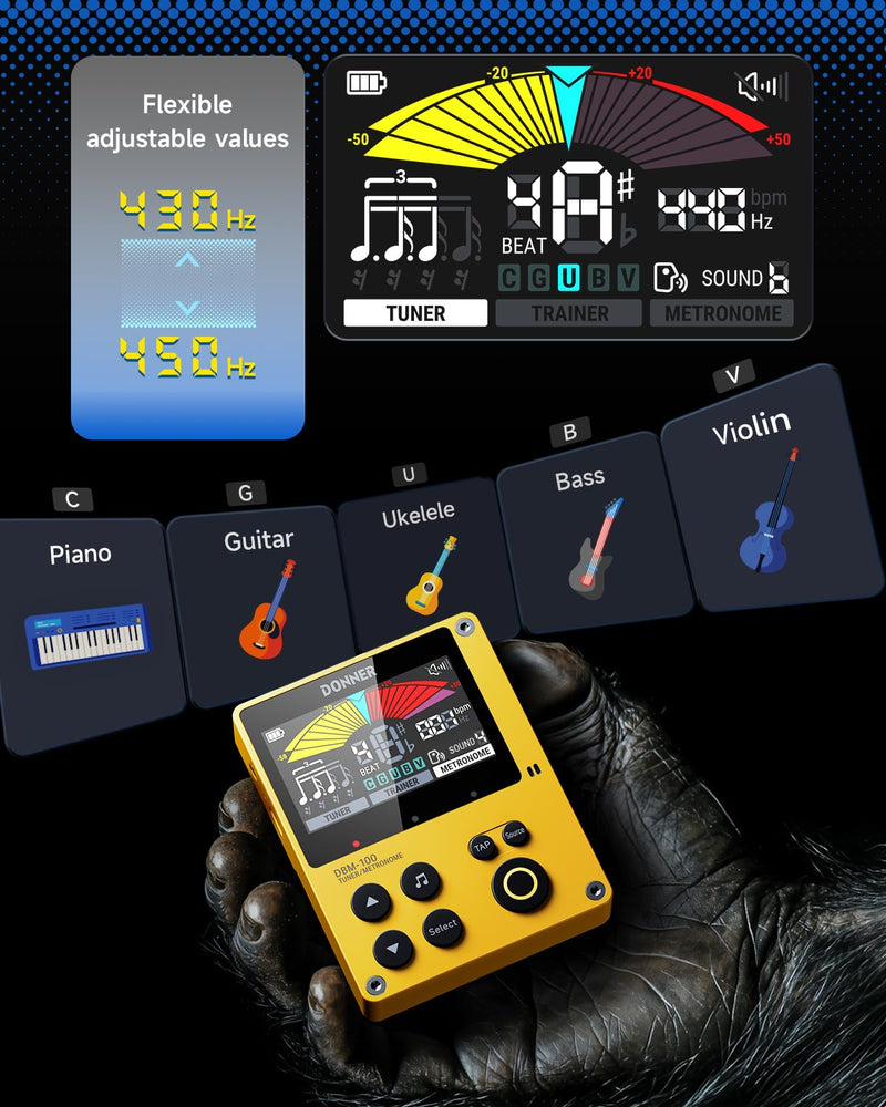 Donner Metronome Tuner, Rechargeable 3 In 1 Digital Metronome with Trainer Rhythm Mode, Tone Generator Tuners for Guitar, Bass, Violin, Ukulele, Chromatic, Piano, Flute, All Instruments, Yellow