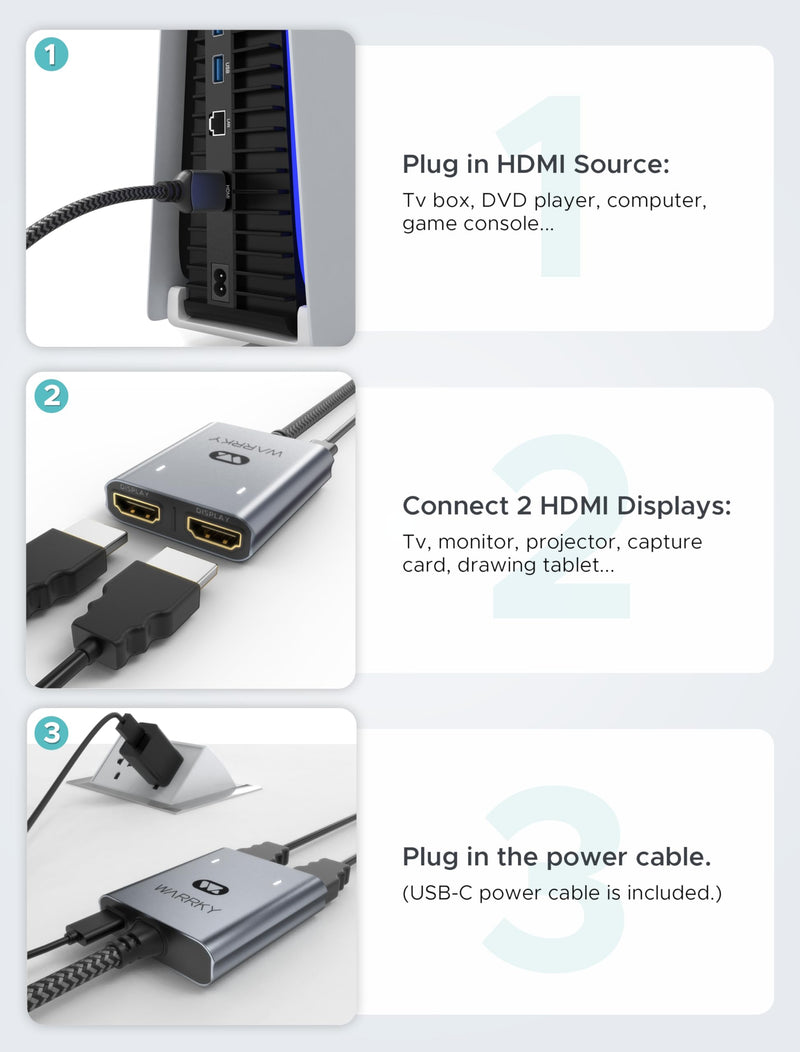 HDMI Splitter 4K, 1x2 HDMI Display Duplicate/Mirror, WARRKY HDMI Splitter 1 in 2 Out [Metal Shell, 3.3 Ft Braided HDMI Cable, LED Indicators], USB-C Powered Splitter, 1 Source to 2 Identical Displays