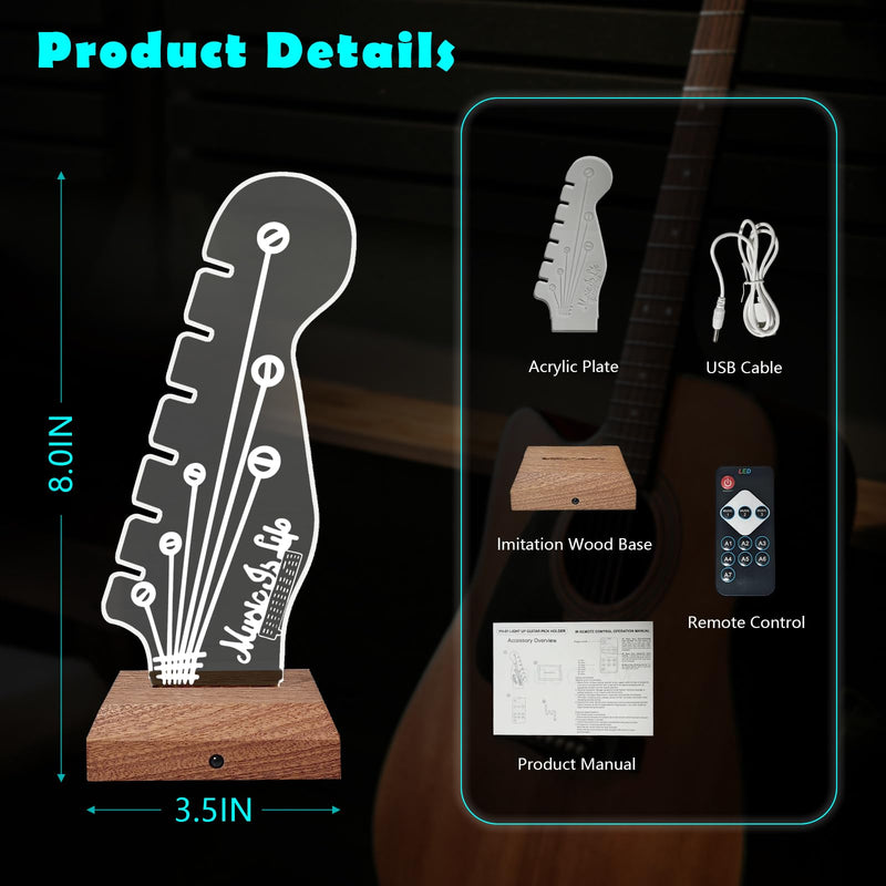 Light Up Guitar Pick Holder with Music Sync, 7-Color LED Guitar Pick Lamp with Remote Control, Acrylic 3D Guitar Pick Storage Rack, Birthday Gift for Music Lovers and Guitarists, Guitar Accessories