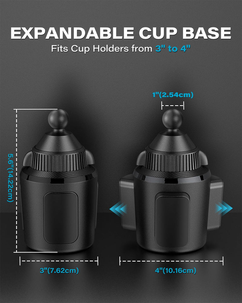 APPS2Car Cup Holder Base with 1” Ball, Expandable Car Mount for B-Size Arms | 1" ball for RAM B-size, fits 3-4" cups, anti-slip, alloy/ABS, tool-free. No arm.