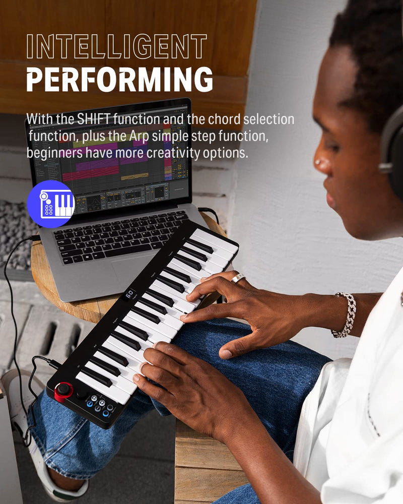 USB MIDI Keyboard Controller MINI 32-Key, Donner N-32 with Screen, Sequencer, Chord, Bend Sound Effects By Light-up Joystick for Mac/PC, Music Production Software, 40 Teaching Courses N32