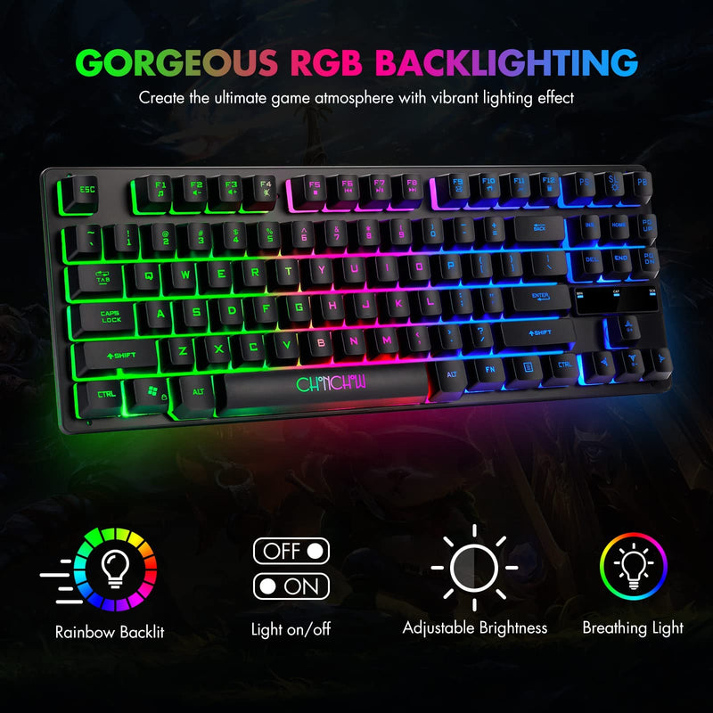 RGB Compact Gaming Keyboard, CHONCHOW USB Wired 87 Keys Gaming Keyboard LED Rainbow Backlit Tenkeyless Gaming Keyboard TKL Keyboard Gaming RGB Keyboard for Laptop Ps4 Xbox PC Computer Game and Work Black