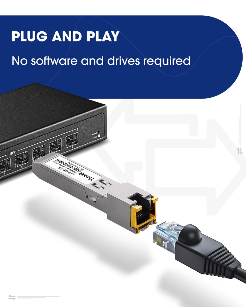 Timaxk 1000BASE-T SFP to RJ45 Ethernet Module, 1.25G Gigabit SFP-T Transceiver up to 100m Over Cat 5 Cable,Compatible with Cisco, Ubiquiti, Mikrotik, D-Link, Netgear, Qnap, Linksys and More 1 pack