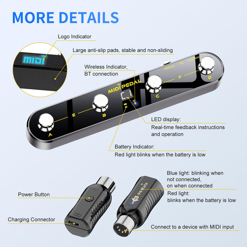 [AUSTRALIA] - Wireless MIDI Foot Controller Pedal with Mate MIDI Receiver, 4 Customizable Footswitches, Expression Pedal, Bluetooth & USB MIDI, PC App Programmable, 5 Modes - Works with DAWs, Synths, FX Units 