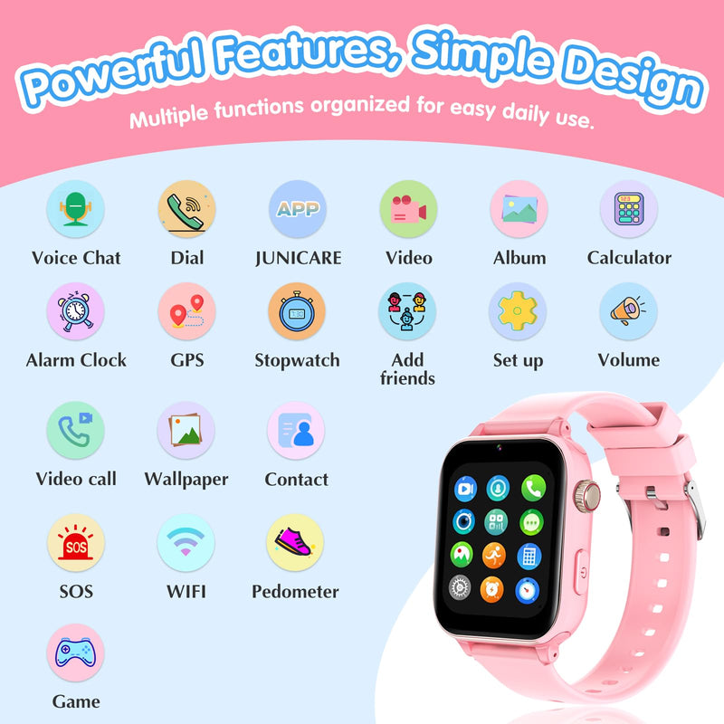 Kids Smart Watch 4G with GPS Tracker for Boys Girls, Smartwatch for Kids Vioce Video Call SOS for Children 4-12 Bithday Gift Pink