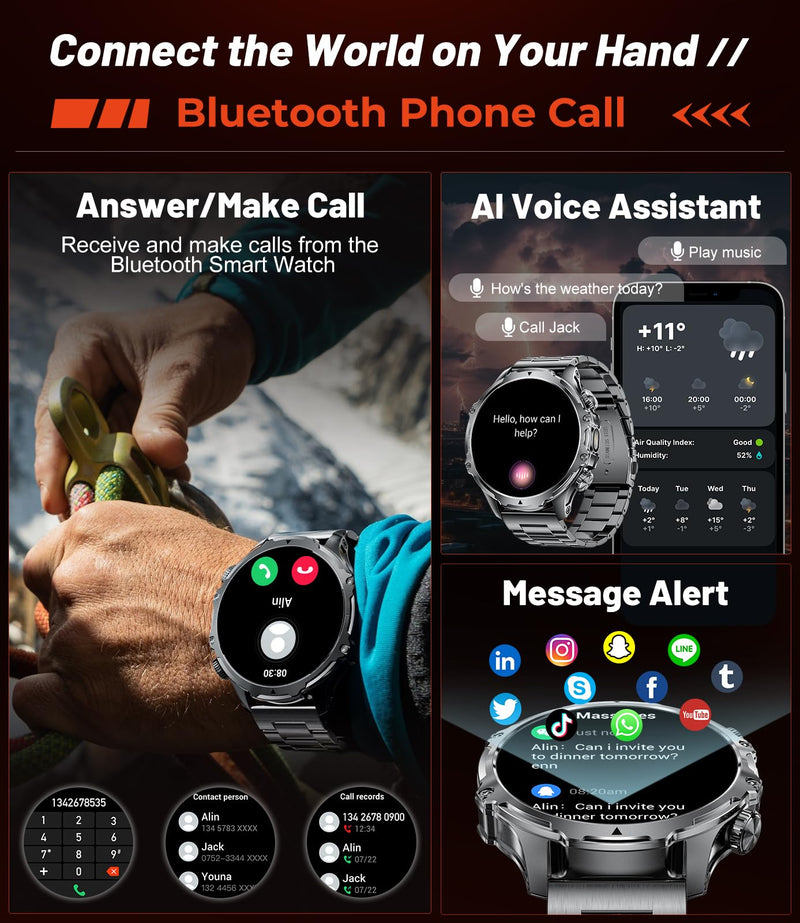 Military Smart Watch for Men, 1.85'' HD Large Screen Smartwatch, 800mAh/LED Flashlight/IP68 Waterproof/Pedometer/100+ Sports Fitness Tracker, Mens Smart Watches for Android iOS, Black