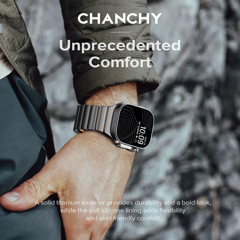 CHANCHY Titanium Silicone Band for Apple Watch Ultra 3/2/1 49/46/45/44mm | Luxury Apple Watch Bands Titanium Silicone Dual-Layer Link for Men Compatible with iWatch Series 11 10 9 8 7 6 5 4 SE 3 2 1 A-Titanium Edition, Black-Orange