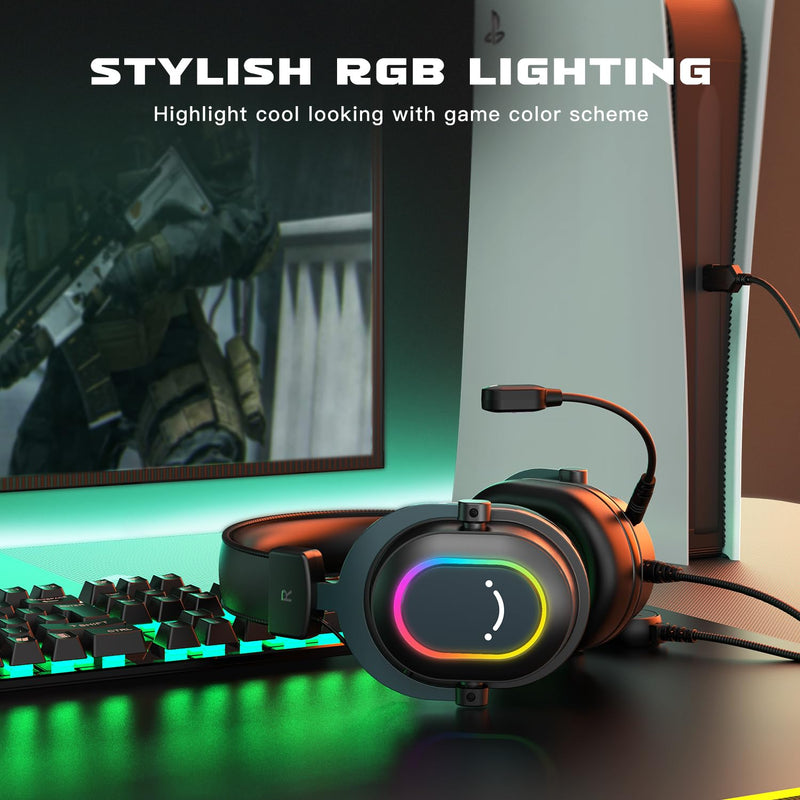 FIFINE Gaming Headset for PC-Wired Headphones with Microphone-7.1 Surround Sound Computer USB Headset for Laptop, Streaming Headphones on PS4/PS5, with EQ Mode, RGB, Soft Ear Pads - AmpliGame H6 Black