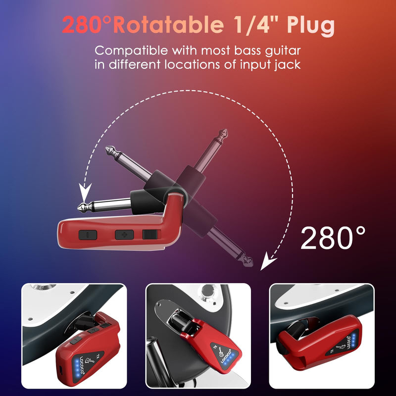 Wireless Guitar System Transmitter Receiver: UHF Cordless 164 Feet Range - 6 Channels USB-C Rechargeable Audio, 220° Rotatable Plug Design for Guitar Bass and Electric Instruments(Red) red