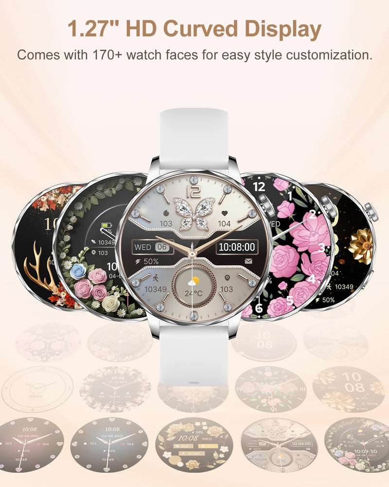 Smart Watch for Women with Bluetooth Calling, 1.27" AMOLED Touchscreen, IP68 Waterproof Fitness Tracker with Heart Rate & Sleep Monitor, 100+ Sports Modes for Android & iPhone (White)