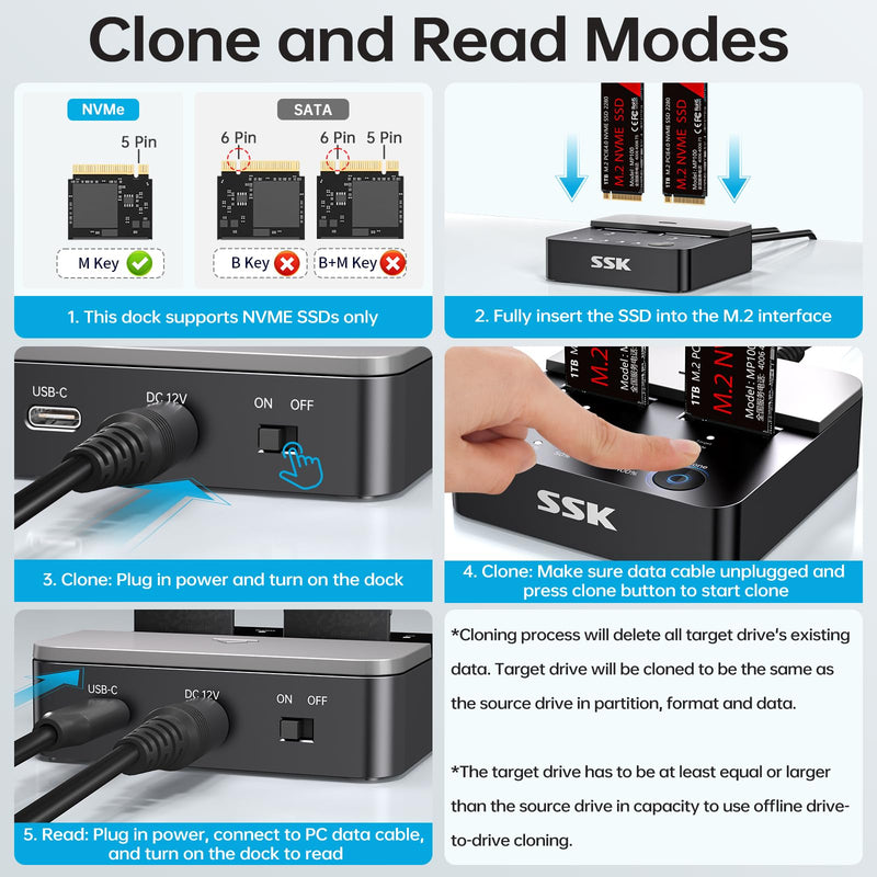 SSK M.2 SSD Cloner NVMe Duplicator Dual Bay Dock NVMe Enclosure Reader | For M Key PCIe NVMe Enclosure, 20Gbps USB3.2 Gen 2X2, Offline Clone Function, UASP Supported, Plug & Play, Tool Free