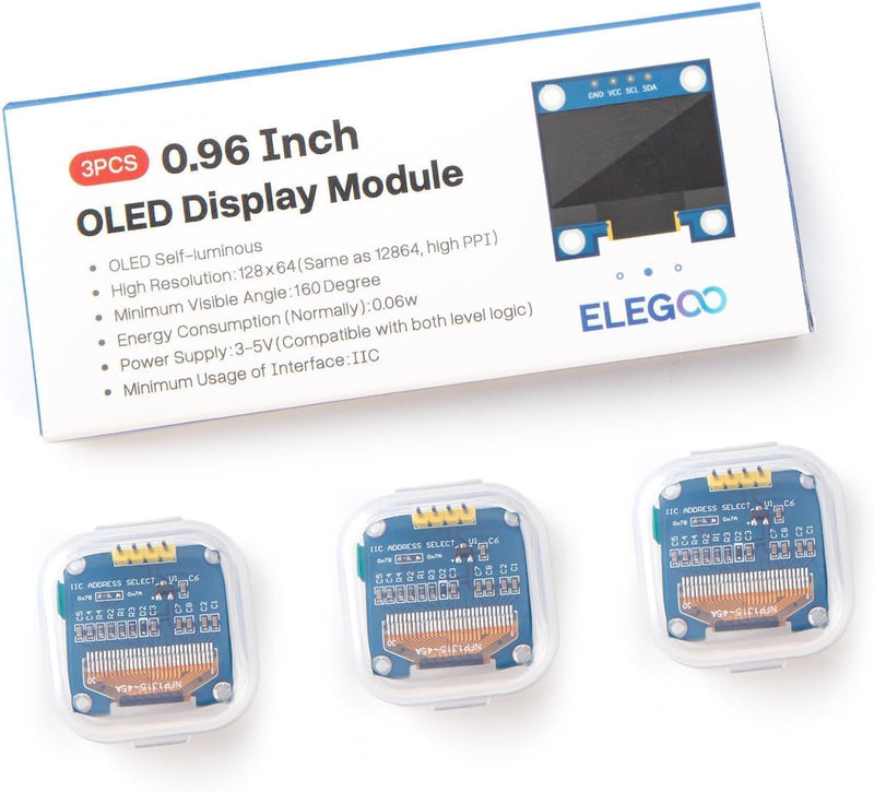 ELEGOO 0.96 Inch OLED Display Module Compact Self Luminous Mini Screens for Arduino Projects, Pack of 3