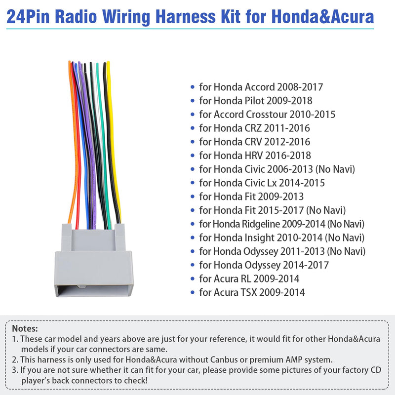 Jayubein 24Pin Radio Wiring Harness Kit Compatible with 12-15 Honda Accord CRV Civic Pilot Fit Odyssey CRZ Ridgeline Insight Car Stereo Connector Antenna Adapter 24P Harness+Antenna for Honda/Acura 12-15