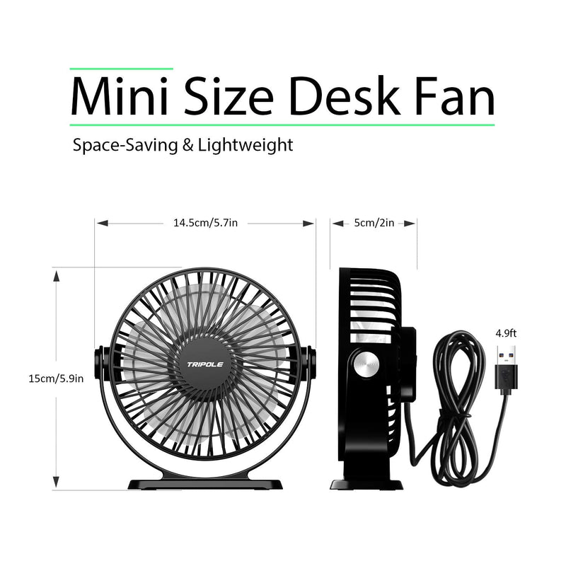 TriPole Small Desk Fan USB Powered Portable Fan 3 Speeds Strong Airflow Mini Fan 360°Rotation Personal Fan 5.1 Inch Table Fan for Home Office Bedroom Desktop, Black, 4.9ft Cable